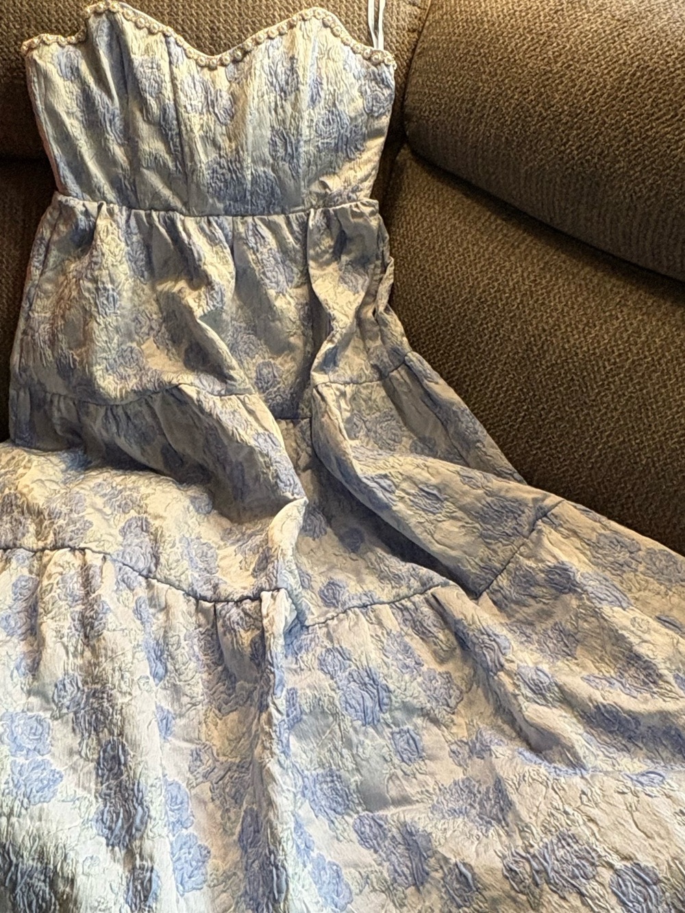 Altar'd State Strapless Corset Light Blue Floral Midi Dress